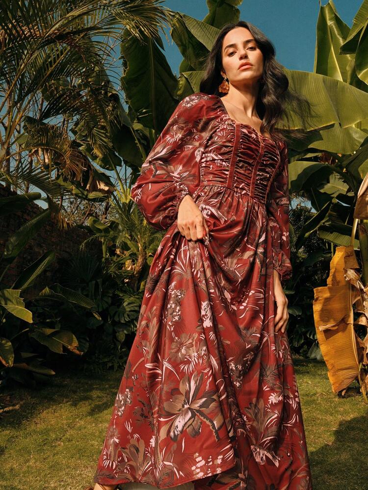 Ladies Woven Brick Red Joker Floral Elegant Long Dress Spring/Summer, Vacation