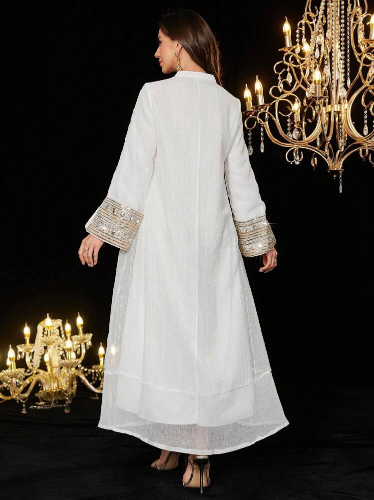 Al Najma 优雅纯色刺绣亮片装饰女式连衣裙，朴素的卡夫坦 - 白色 - 查看 2