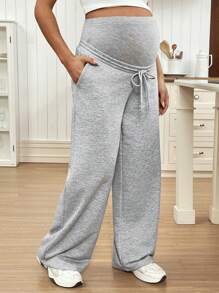 SHEIN 孕妇可调节腰部系带前口袋简约长裤，休闲日常穿着 - 淺灰色 - 查看 3