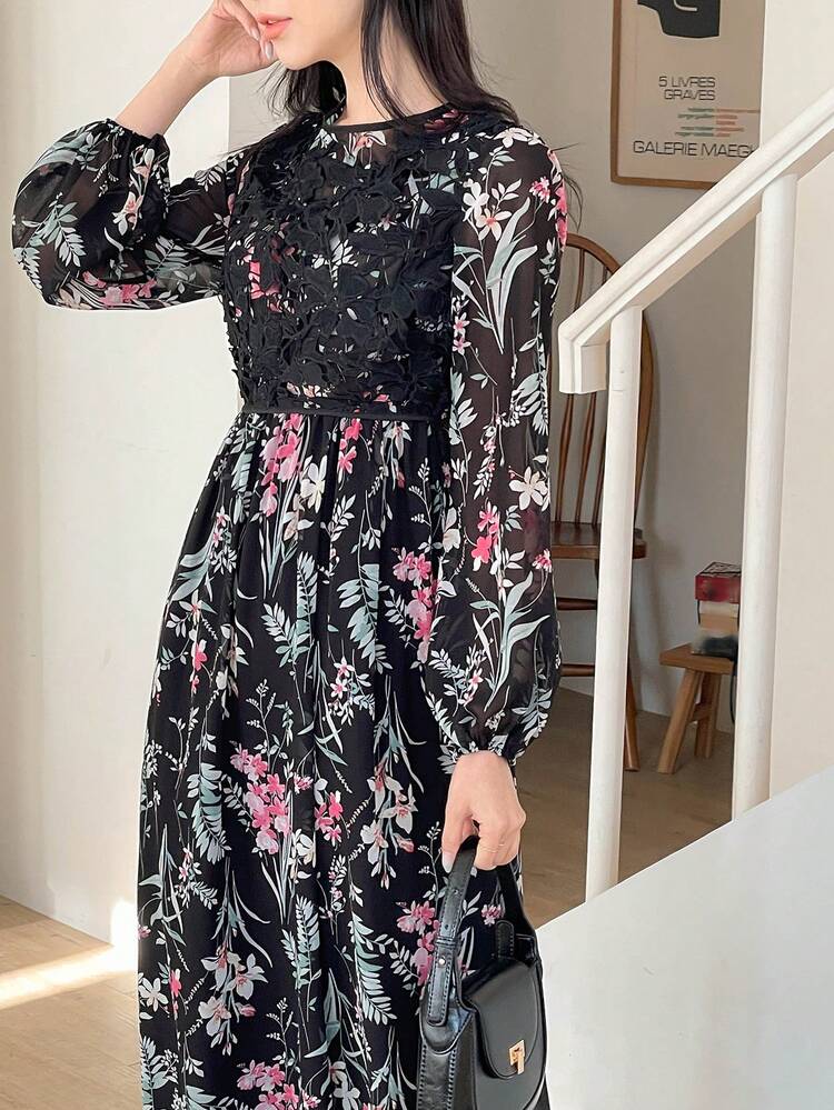 Women's Floral Print Lantern Sleeve Long Dress For Vacation, Fall Dress Long Sleeve Dress Boho