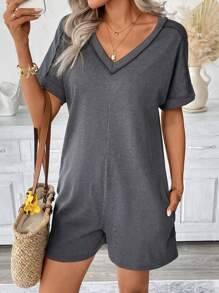 SHEIN LUNE Plus Size Women's Casual Romper With Pockets Summer Cozy Fit Chillax Slouchy Casual Style Relaxed Outfit Vacation Style Holiday Outfits Boho Bohemian Summer Clothes Women Summer Sets Women Clothes Women Plus Clothing Business Casual Women Plus Clothing Formal - Grey - View 6