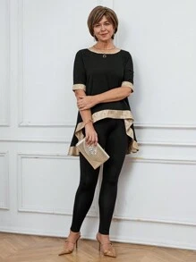 SHEIN LUNE 2 件套春季休闲装，女式拼色拼布衬衫和紧身裤套装 - 彩色 - 查看 7