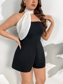 Firerie 大码女式舒适休闲优雅百搭小众设计撞色交叉系带挂脖钩弹力短款连体裤，春夏