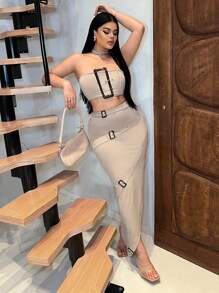 SHEIN SXY 两件套女士可调节搭扣露脐抹胸上衣和半身裙，外出套装，Y2K风格，女士套装，约会装，夏季女装，卡其色，紧身，女士两件套，性感 - 卡其色 - 查看 3