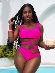 Slaydiva Women's Solid Color Hollow-Out One Piece Swimsuit, Summer - Hot Pink - View 6