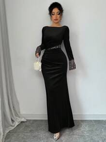 Elenzga 情人节红色节日连衣裙，长袖拼接珍珠串珠收腰褶皱开衩优雅浪漫连衣裙女 - 黑色 - 查看 5