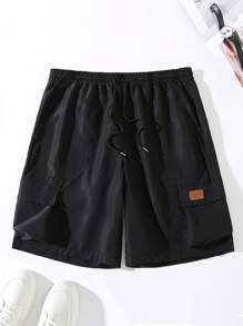 Manfinity Homme Men's Plus Size Front Tie Pocket Simple Shorts, Casual Daily Wear - Black - View 1