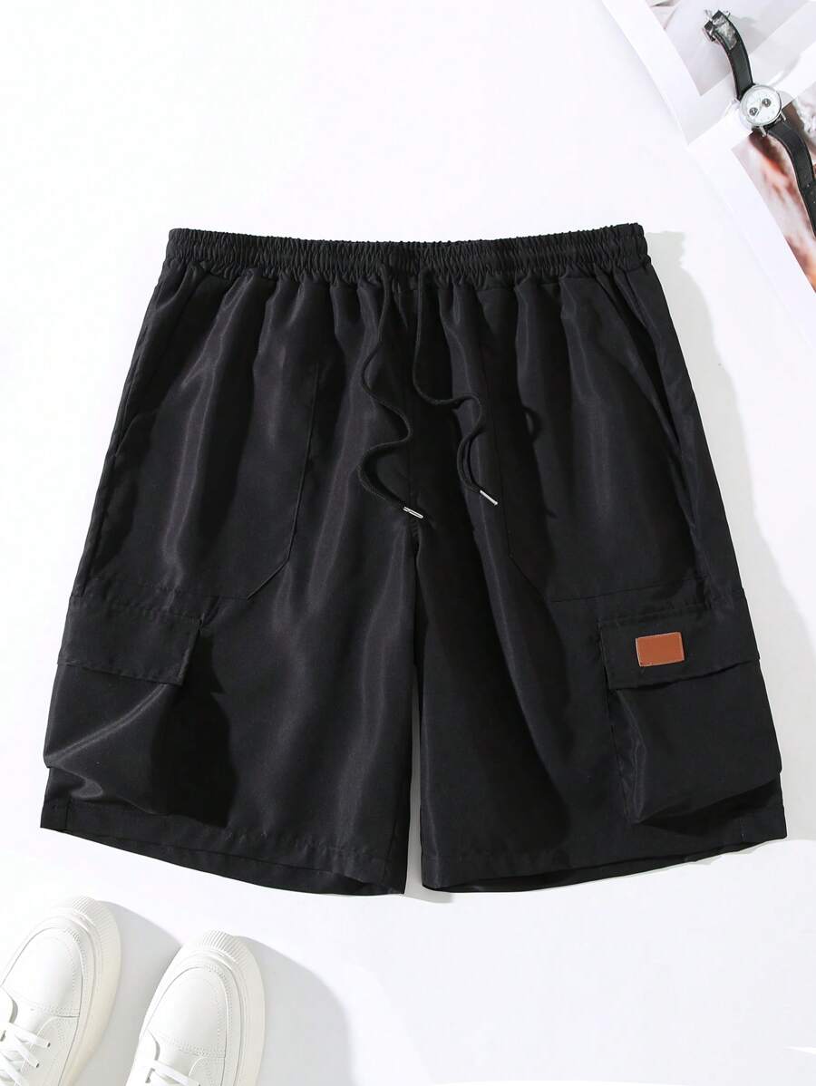 Manfinity Homme Men's Plus Size Front Tie Pocket Simple Shorts, Casual Daily Wear - Black - View 1