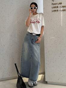 DAZY 做旧水洗褪色长款开衩口袋女士牛仔A字裙，秋季服装牛仔裙