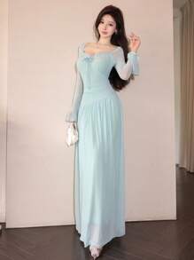 Modelyn Women's Mesh Tie-Up Flared Long Sleeve Asymmetrical Ruffle Elegant Date Night Dress Fall Cloth For Women - Mint Green - View 5