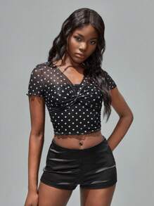 SHEIN Unity Fashionable Sexy Polka Dot Print Twisted Cropped T-Shirt. Summer For Women - Black - View 4