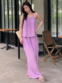 DAZY 2pcs/Set Women Plain Pleated Drawstring Camisole And Wide Leg Pants Casual Vacation Summer Outfit