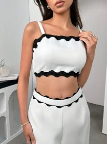 Chiquease 2 Peças/Conjunto Elegante Francês Simples, Camisole Branca e Preta Ondulada Tecida, Calça de Cintura Alta, Novo Lançamento Feminino para Verão - Preto e Branco - Visão 6