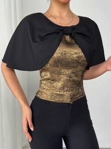 SHEIN Unity Women's 2024 New Design Elegant Cap Sleeve Casual Shirt - Black and Gold - View 3