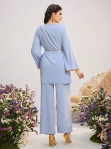 Al Najma Women's Embroidered Top And Pants Arabic Style Outfit,Modest