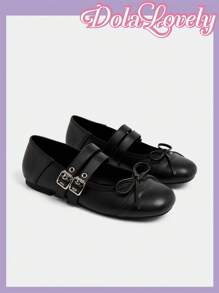 Dola Lovely 1 Pair Women's Mary Jane Flats, Pink Bow & Rhinestone Decor Slip On Casual Shoes, Versatile & Comfortable For Daily Wear - Black - View 4