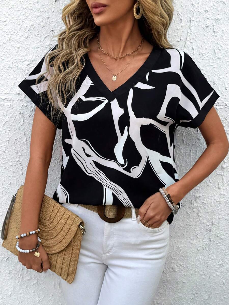 EMERY ROSE 女士休闲假日随机印花蝙蝠袖衬衫