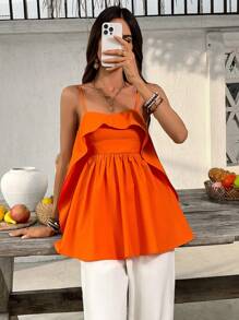 SHEIN VCAY Women Summer Orange Solid Color Backless Top Ruffled Cutout Top Valentine's Day Vacation Top Summer Top For Vacation & Casual Wear Ruffled Top. This Too Is Extremely Flattering And Looks Vacation Great Dressed Up Or Down - Burnt Orange - View 5