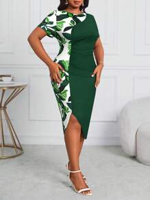 Fleurora Plus Size Floral Print Color Block Ruffle Asymmetrical Hem Round Neck Short Sleeve Bodycon Mini Dress