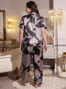SHEIN MuseNap CURVE Plus Size Floral Print Button Front Short Sleeve Top & Pants Pajama Set - Multicolor - View 2