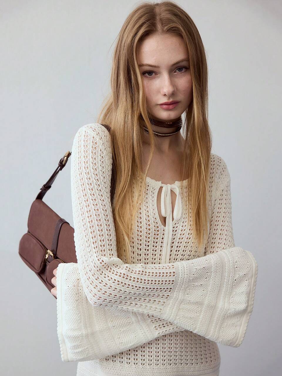 MOTF STUDIO OPEN KNIT TIE NECK SWEATER DRESS
