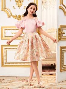 SHEIN Dziewczęcy minimalistyczny, modny, swobodny, odsłonięty top i spódnica, 2 częściowy zestaw - Czarne - Zobacz 4