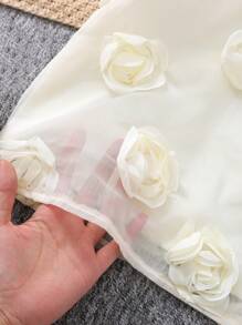 SHEIN Tween Girls 优雅简约泡泡袖 3D 花朵衬衫 - 杏色 - 查看 6