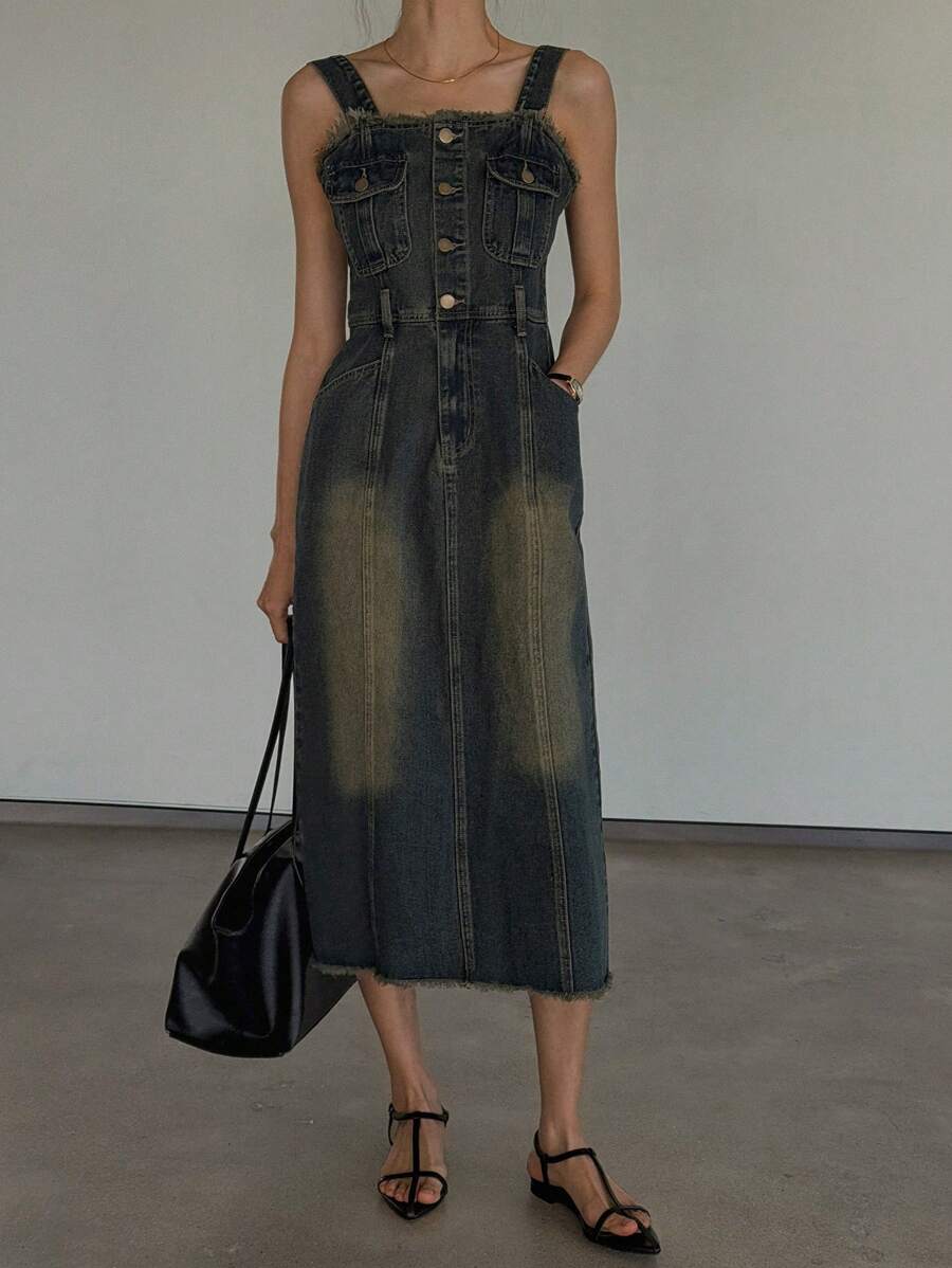 DAZY 女士流苏边牛仔背带连衣裙吊带长裙 - 深色水洗藍 - 查看 1