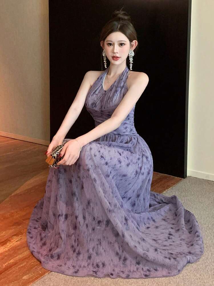 Women's Tie Dye Print Pleated Halter Midi Dress Summer,Dress For Wedding Floral Cocktail Dress