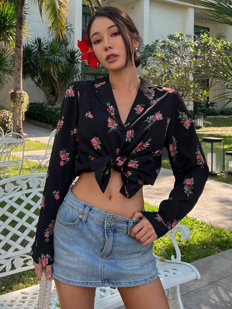 All-Over Floral Print Loose Long Sleeve Lapel Blouse, Vacation Casual Top For Women, Spring & Summer