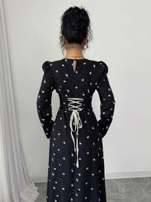 Modelyn 女士黑色印花编织拼布领长袖 A 字形系带优雅乡村风格连衣裙 - 黑色 - 查看 5