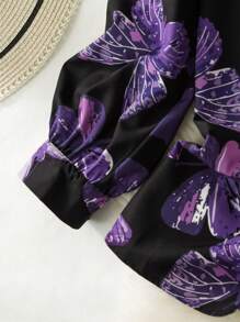 Lacomfia Plus Size Women's Purple Butterfly Printed Casual Loose Spring Autumn Blouse - Black - View 3