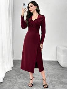 Modelyn Women Elegant Deep V-Neck Lapel Contrast Lace Slim Fit Midi Dress, Versatile Long Sleeve - Burgundy - View 5