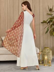 Modelyn Women Asymmetrical Collar Retro Print High-Low Hem Elegant A-Line Dress - White - View 2