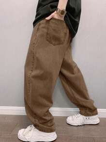 Claim Dot Men's Front Button Pocket Casual Tapered Leg Jeans - Camel - View 2