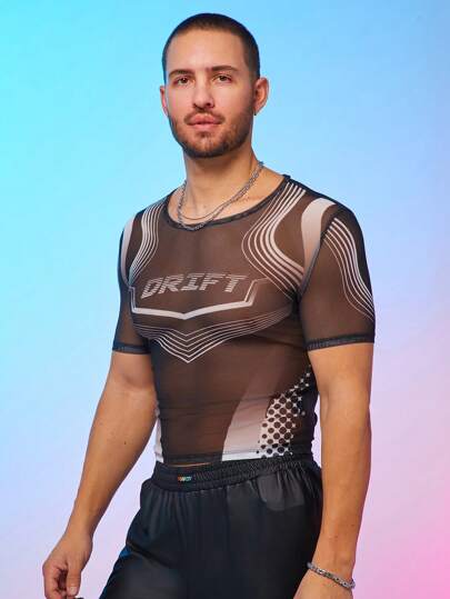 FeverCity Men's Round Neck Short Sleeve Printed Sheer T-Shirt, Casual Everyday Wear