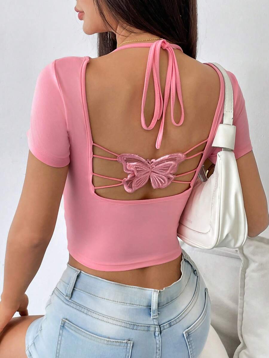 Chiquease Women's Slim Fit Round Neck Hollow Back Ribbon Tie Butterfly Floral T-Shirt, Spring/Summer - Pink - View 1