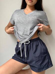 DAZY Women's Casual Simple V-Neck T-Shirt Top Combo Shorts Pajama Set - Grey - View 7