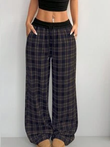 Coolane Women's Casual Loose Checked Wide Leg Pants