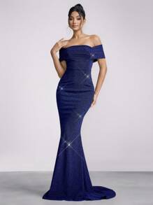 SHEIN Belle Elegant Navy Blue Open Shoulder Off Shoulder Long Sleeve Mermaid Hem Maxi Evening Dress, Bridesmaid Dress, Wedding Guest Dress Music Festival Spring/Summer, Party Dress, Formal Dress,Gown - Navy Blue - View 3