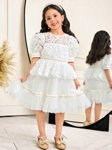 SHEIN Leap Crew Young Girl Gorgeous 3D Floral Lace Trim Decor Round Neck Mesh Overlay Dress - White - View 3