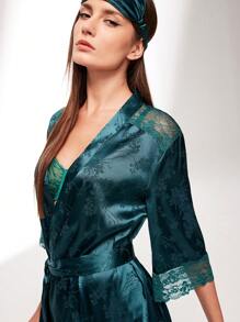 LUVLETTE Grön Silkeslen Satin Retro Elegant Lyxig Blommönster Spetskant Knytband Fram Loungewear Morgonrock Nattklänning Dam Morgonrock & Pyjamasdressing