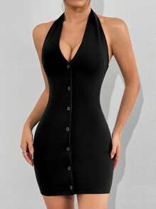 Muchica Black Halter V-Neck Bodycon Mini Dress - Black - View 3