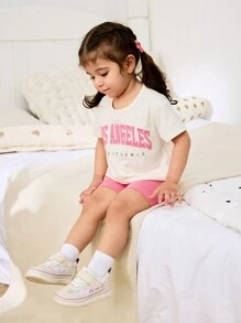 SHEIN 适合幼儿女孩的 4 季时尚百搭百搭休闲网眼趣味可爱拼色透气软底运动鞋 - 米色 - 查看 3