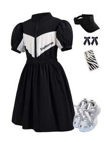 SHEIN 1件套时尚黑色休闲连衣裙，适合青少年女孩 - 黑色 - 查看 2