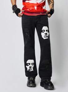 ROMWE MEN Street Life Men's Grunge Punk Casual Face Graphic Print Straight Leg Jeans - Black - View 5