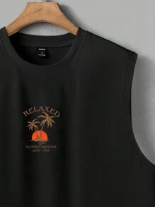 Manfinity RSRT Men's Coconut Tree Printed Sleeveless Vacation Style Tank Top Camiseta Streetwearlong T Shirtmen T Shirts Black