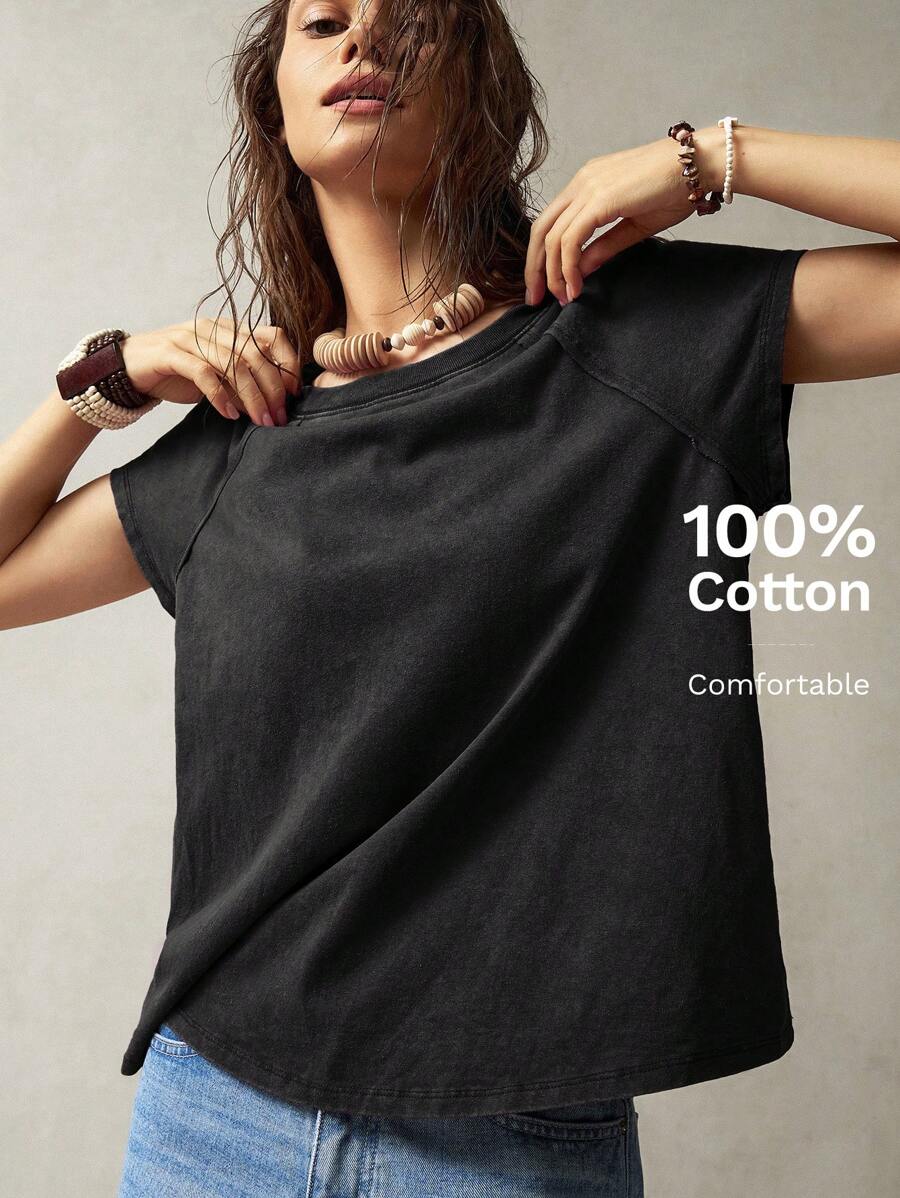 Bohemela 1 件女式纯色圆领休闲短袖 T 恤，适合度假穿着 - 黑色 - 查看 1