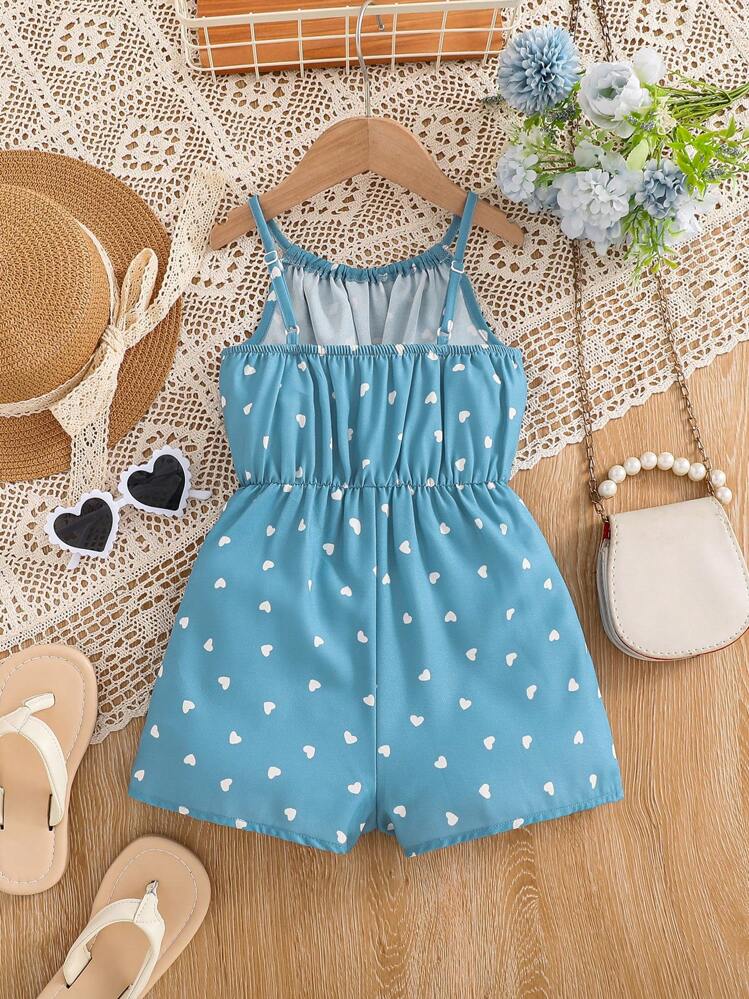 年轻女孩编织心形图案短款连体裤，腰部收紧 - 藍色 - 查看 3