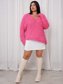 SHEIN EZwear Plus Size Women's Fuzzy Knit Pullover Sweater Dress, Daily Casual And Lightweight Party Wear, Autumn/Winter - Pink - View 6